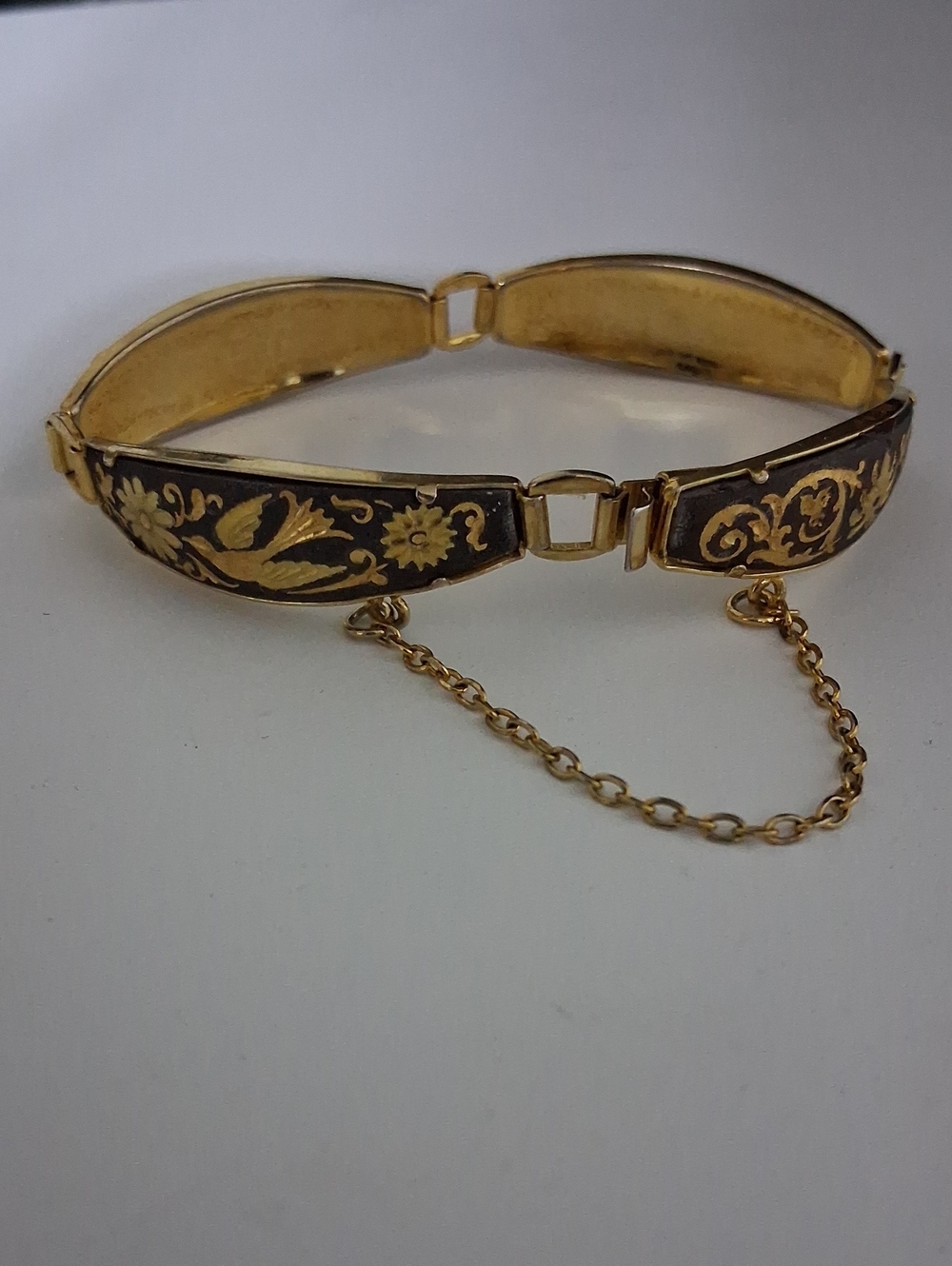Damascene Gold Tone 4 Panel Bracelet Bird & Flowers with safety chain Vintage